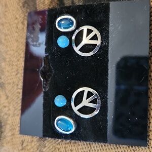 Silvertone Peace & Turquoise Earring Trio